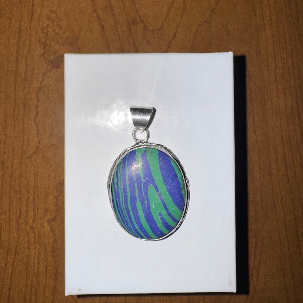Sterling Silver Plated Oval Green and Blue Zebra Calsica